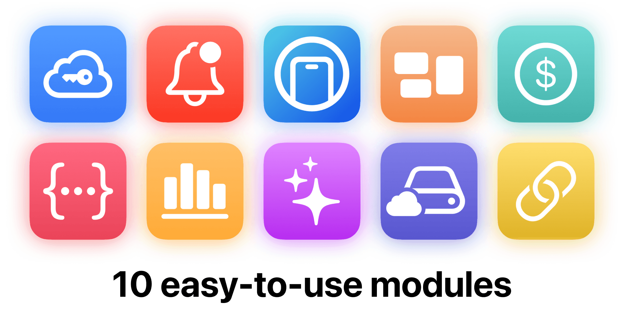 10 SwiftyLaunch Modules with text '10 easy-to-use modules' underneath them